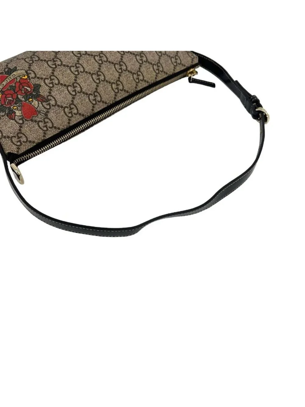 Gucci GG Supreme Pattern Logo Tattoo Heart Leather Handbag Bag Brown